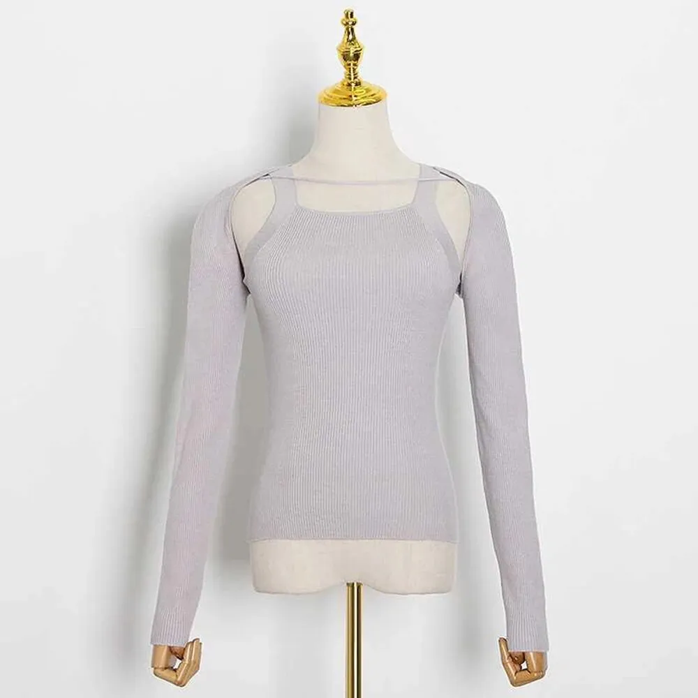 Pullover Sweaters For Women Square Collar Long Sleeve Hollow Out Slim Minimalist Sweater Female Fashion Clothes