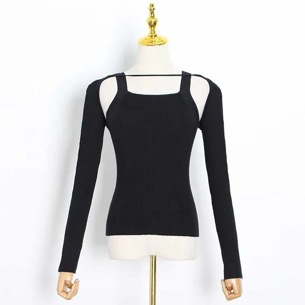 Pullover Sweaters For Women Square Collar Long Sleeve Hollow Out Slim Minimalist Sweater Female Fashion Clothes