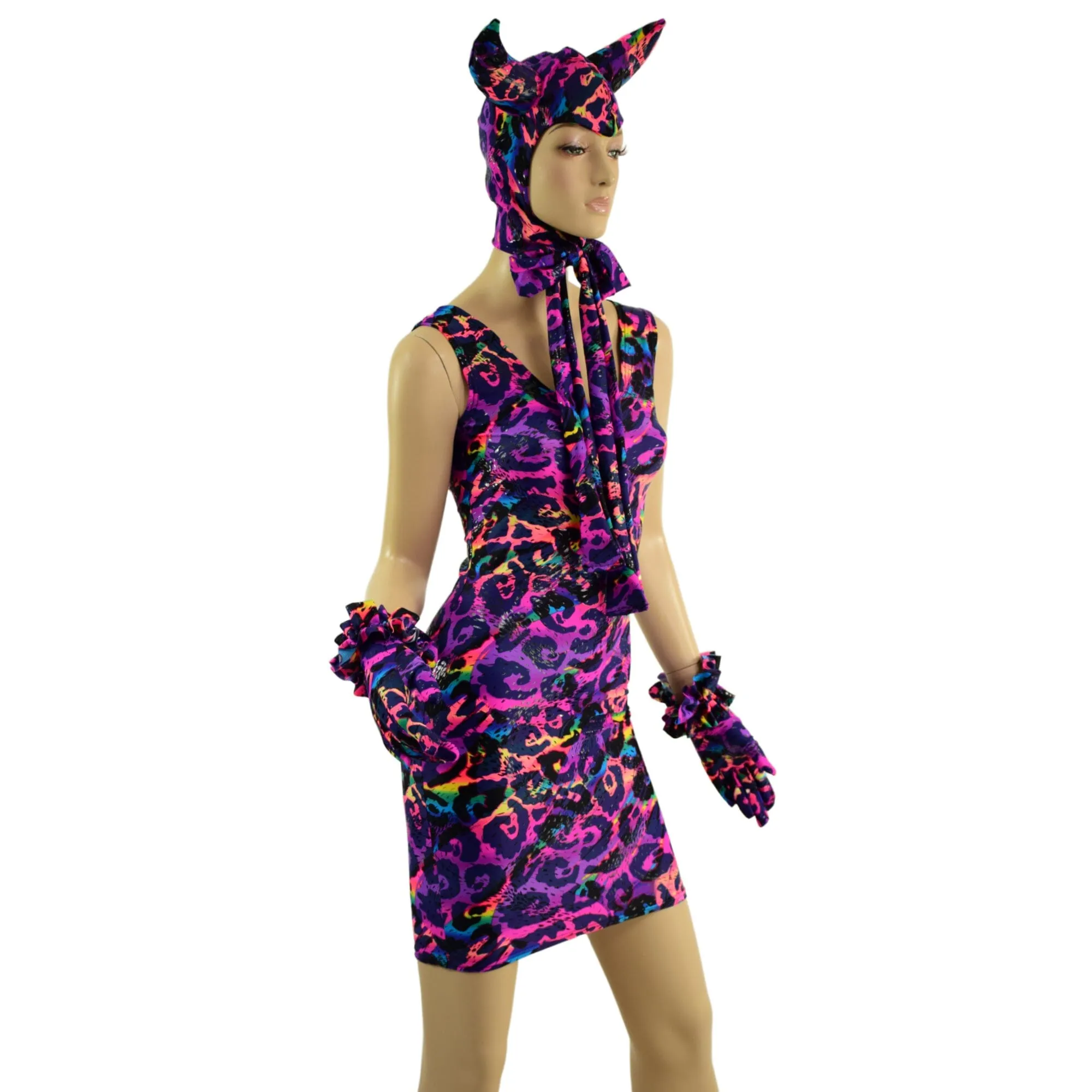 Rainbow Leopard Devil Bonnet, Ruffle Gloves, and Bodycon Tank Dress Set