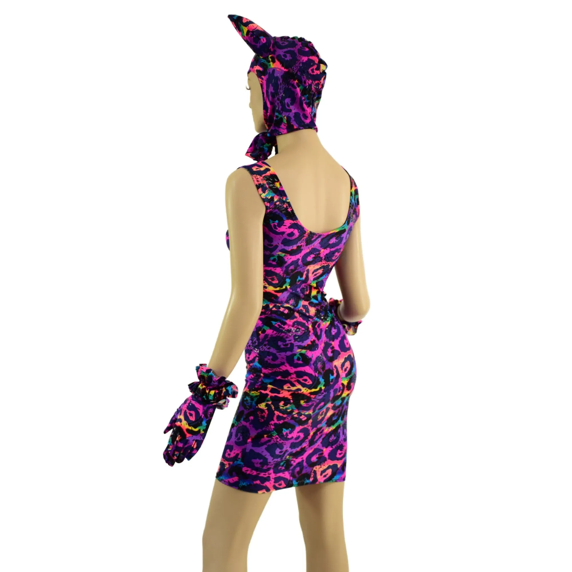 Rainbow Leopard Devil Bonnet, Ruffle Gloves, and Bodycon Tank Dress Set