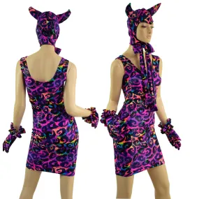 Rainbow Leopard Devil Bonnet, Ruffle Gloves, and Bodycon Tank Dress Set