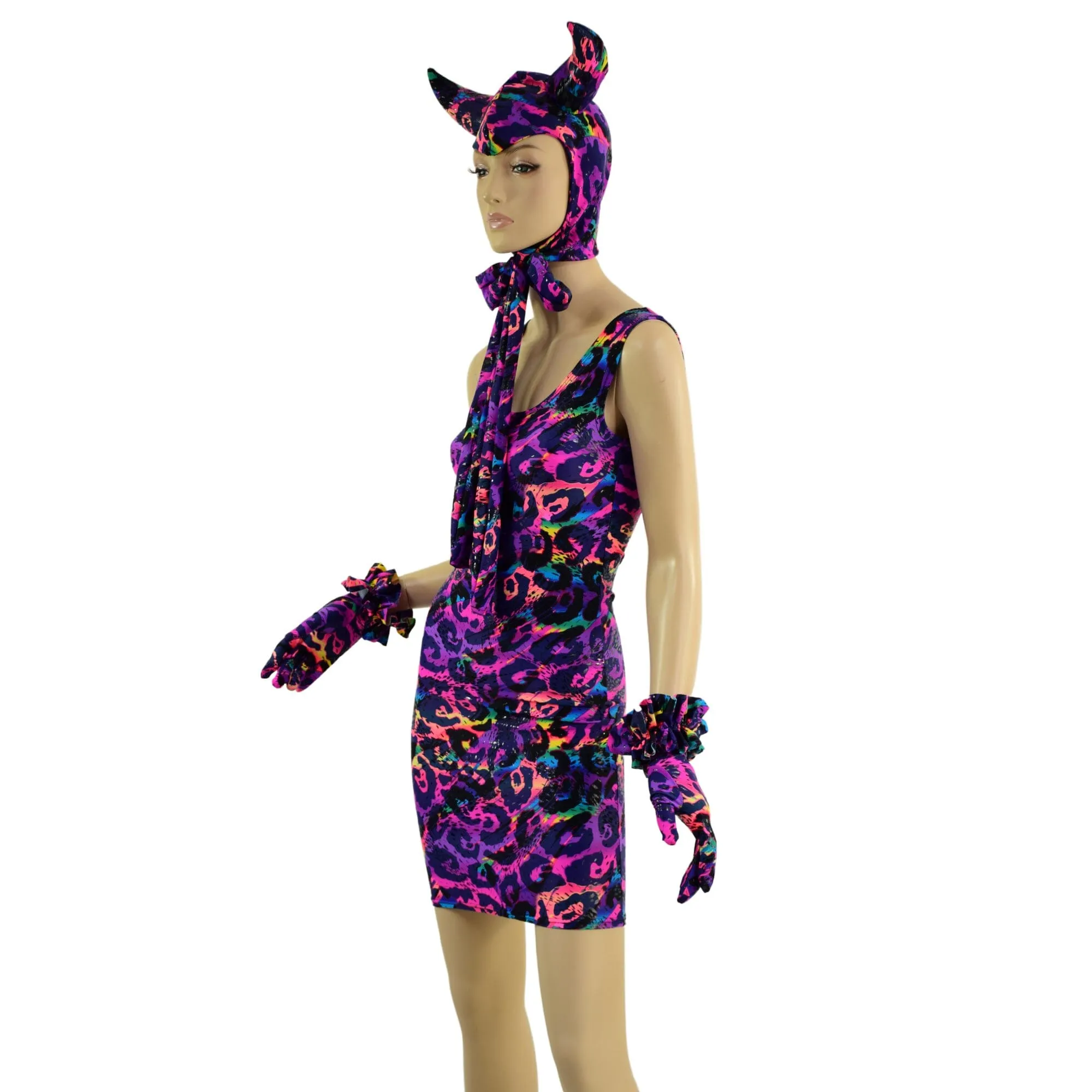 Rainbow Leopard Devil Bonnet, Ruffle Gloves, and Bodycon Tank Dress Set