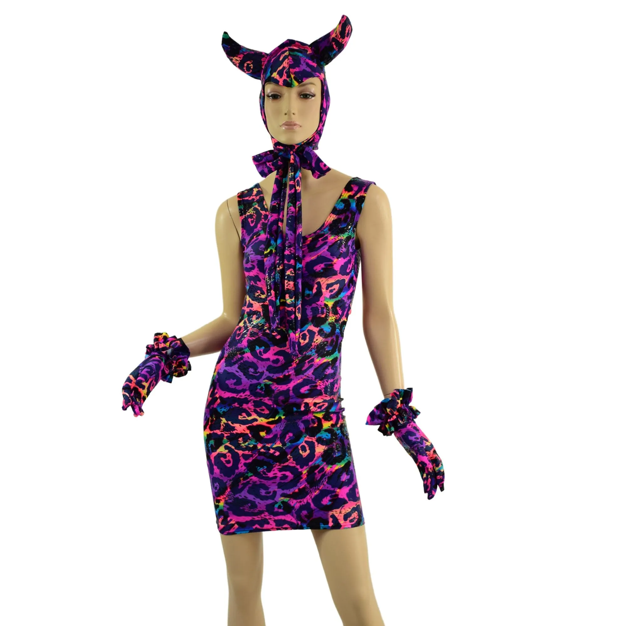 Rainbow Leopard Devil Bonnet, Ruffle Gloves, and Bodycon Tank Dress Set