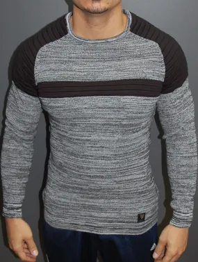 R&R Men Stylish 2 Tone Ribbed Cage Crew Neck Sweater -  Gray / Black