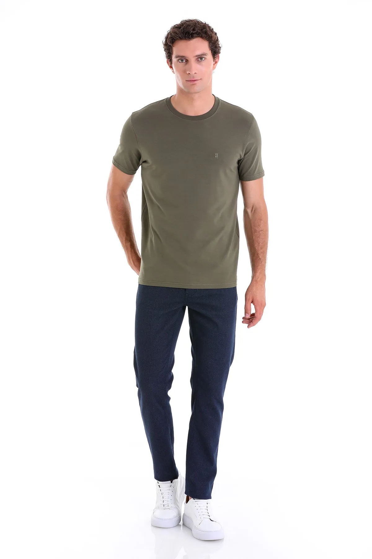 Regular Fit Cotton Blend Khaki Crewneck T-Shirt