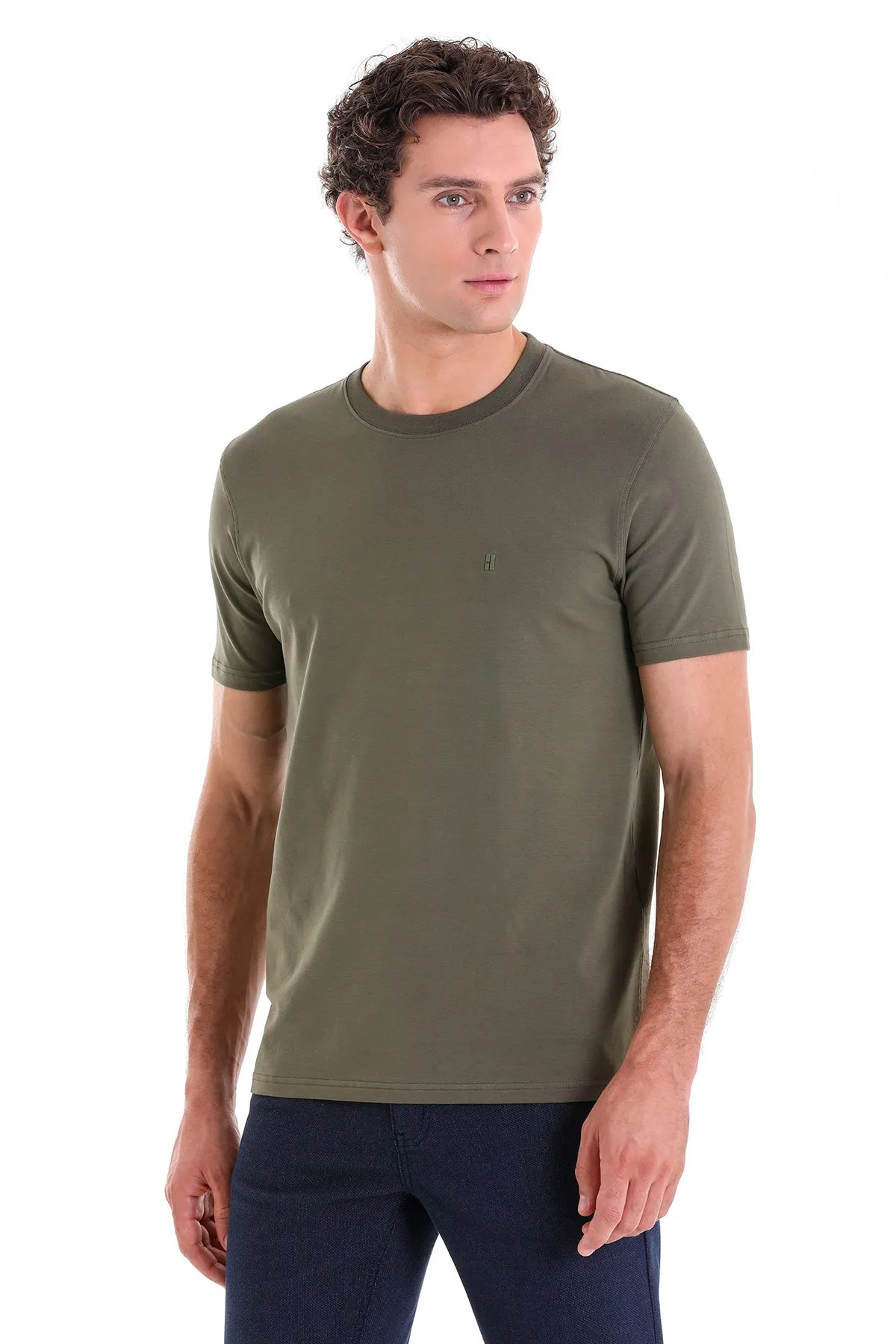 Regular Fit Cotton Blend Khaki Crewneck T-Shirt