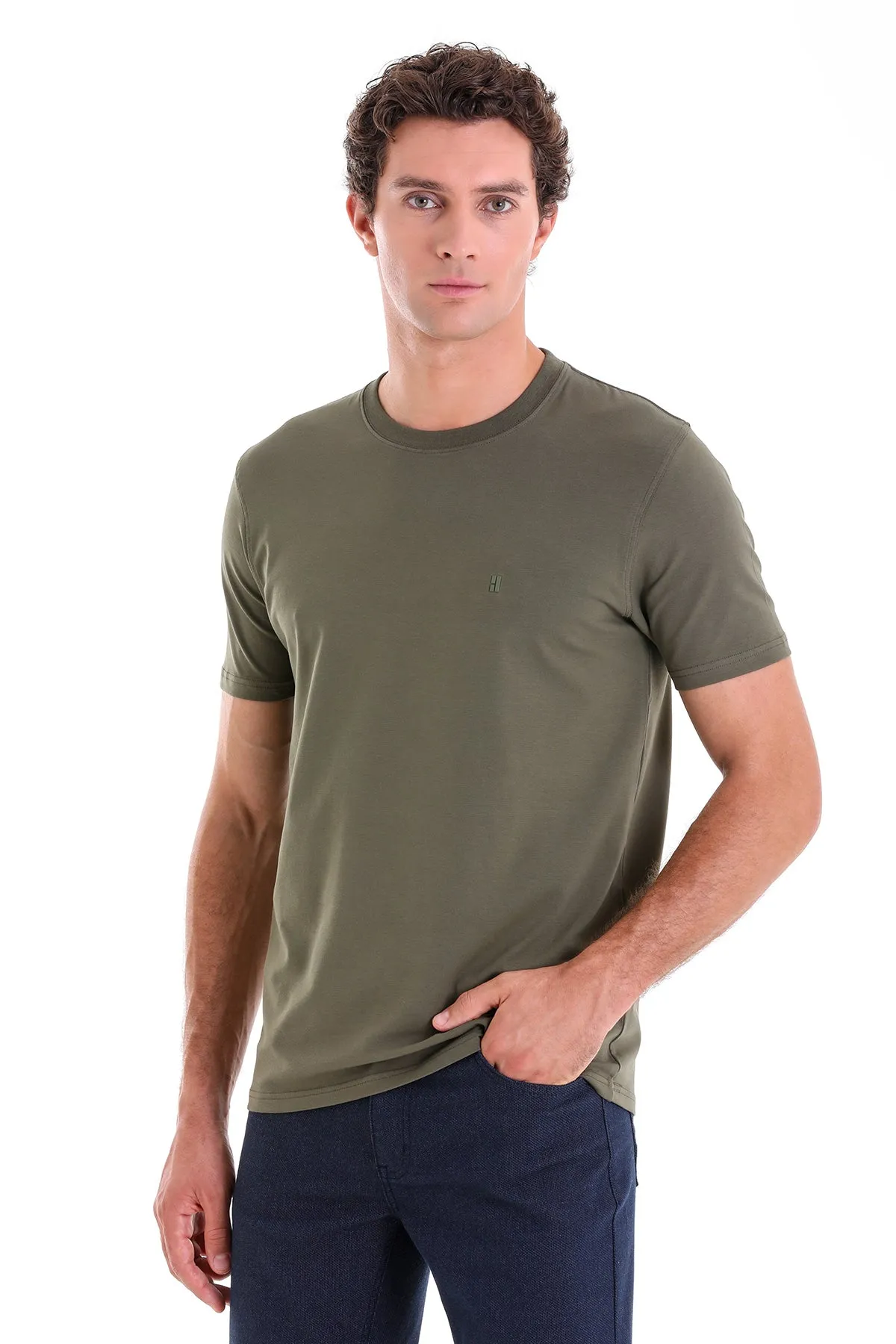 Regular Fit Cotton Blend Khaki Crewneck T-Shirt