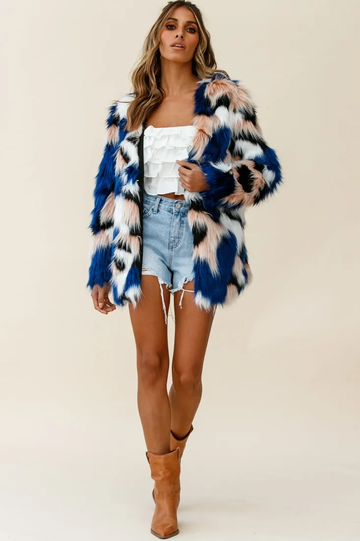 Ronan Faux Fur Multi-Print Coat Blue