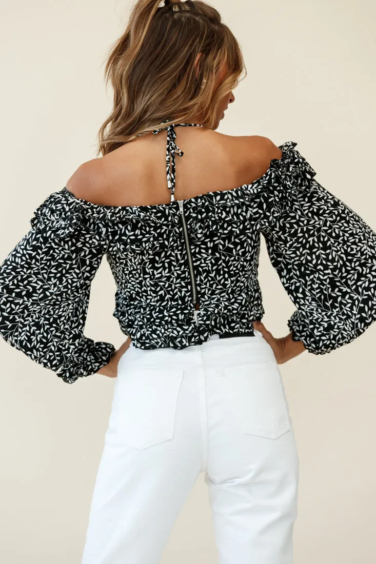 Rosarito Long Balloon Sleeve Halterneck Crop Top Leaf Print Black