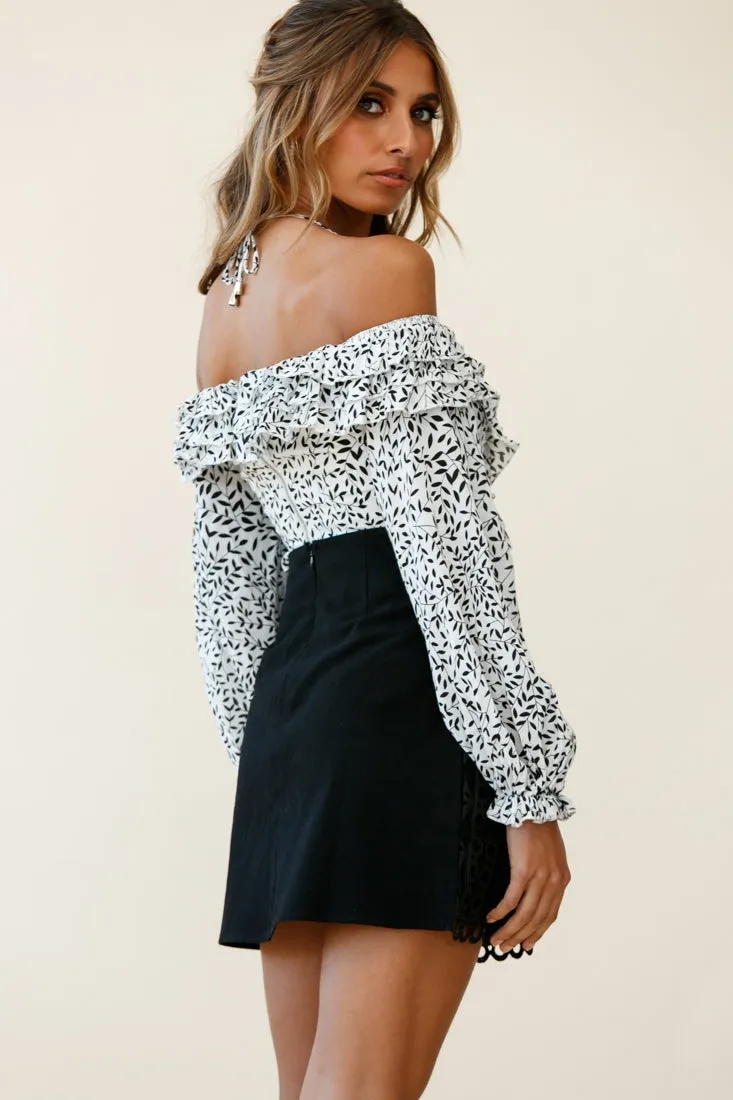 Rosarito Long Balloon Sleeve Halterneck Crop Top Leaf Print White