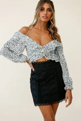 Rosarito Long Balloon Sleeve Halterneck Crop Top Leaf Print White