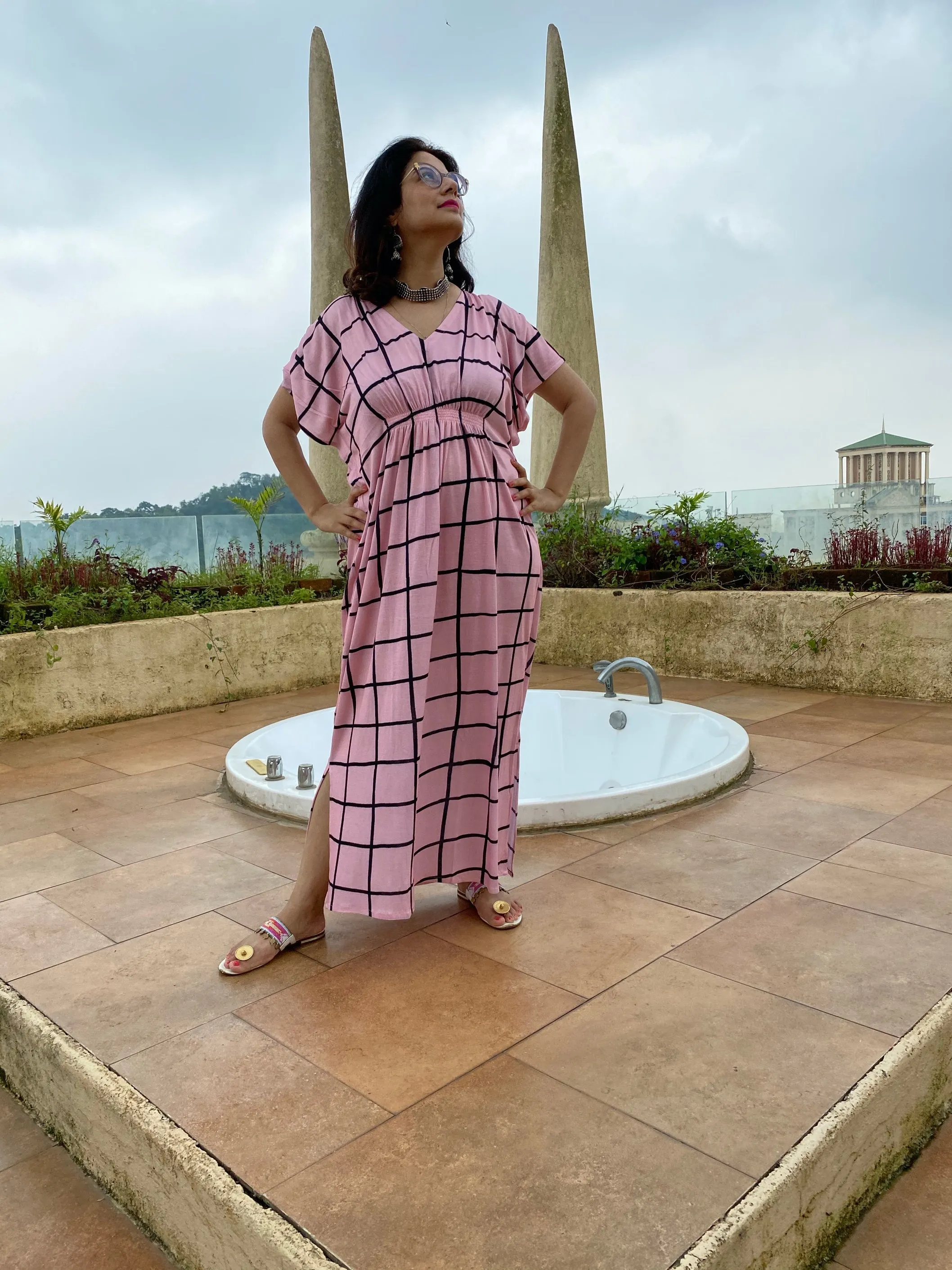 Rose gold Good Old Grids "Stunningly Simple" Style Caftan | Soft Jersey Knit Organic Cotton | Perfect Loungewear House Dress