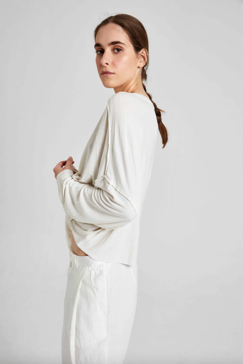 Round Neck Long Sleeve Top - Original Off White