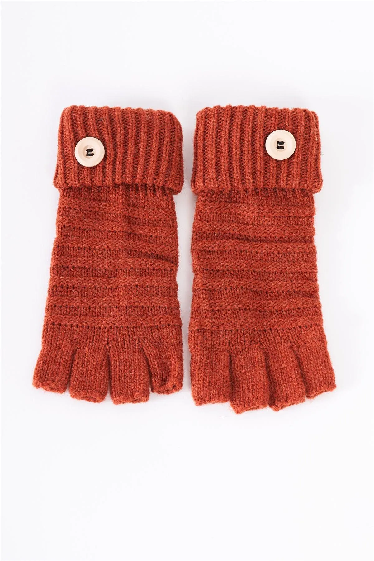 Rust Fingerless Button Detail Knit Winter Gloves /3 Pieces