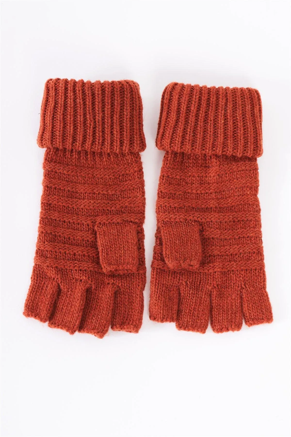 Rust Fingerless Button Detail Knit Winter Gloves /3 Pieces