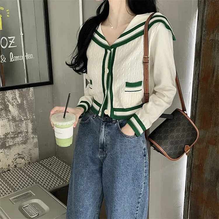 Sailor Collar Cardigan Sweater Casual Pants Pleated Skirt Two Piece Set