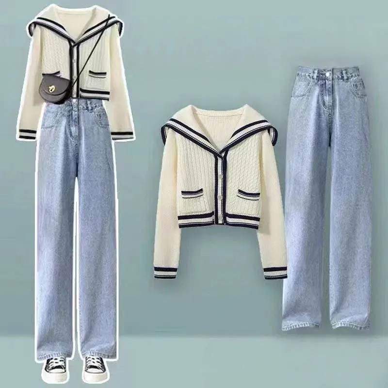 Sailor Collar Cardigan Sweater Casual Pants Pleated Skirt Two Piece Set