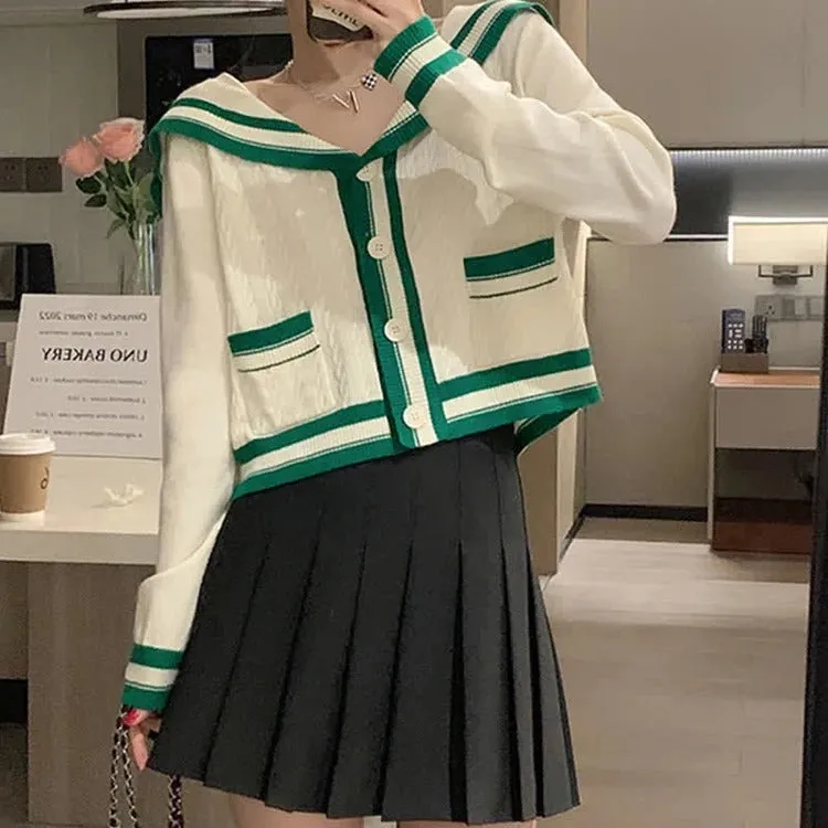 Sailor Collar Cardigan Sweater Casual Pants Pleated Skirt Two Piece Set