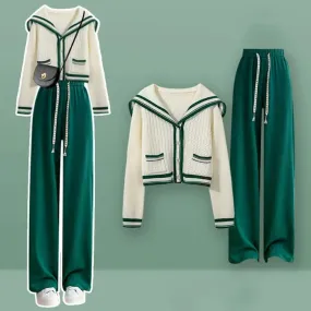 Sailor Collar Cardigan Sweater Casual Pants Pleated Skirt Two Piece Set