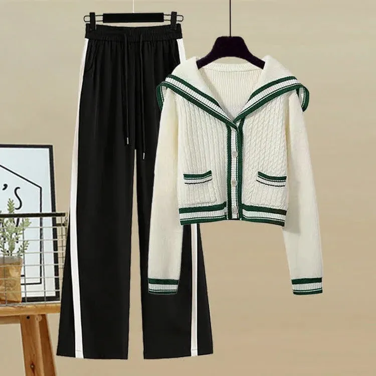 Sailor Collar Cardigan Sweater Casual Pants Pleated Skirt Two Piece Set