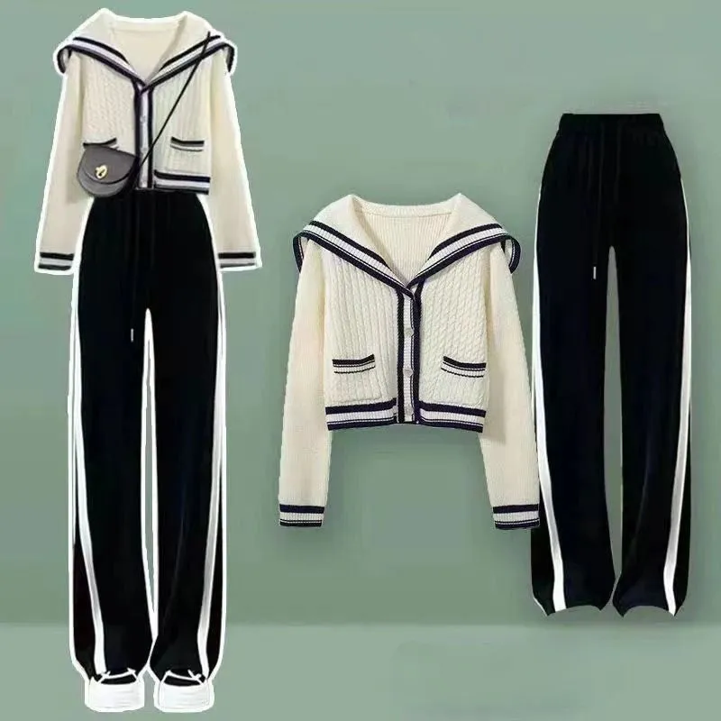 Sailor Collar Cardigan Sweater Casual Pants Pleated Skirt Two Piece Set