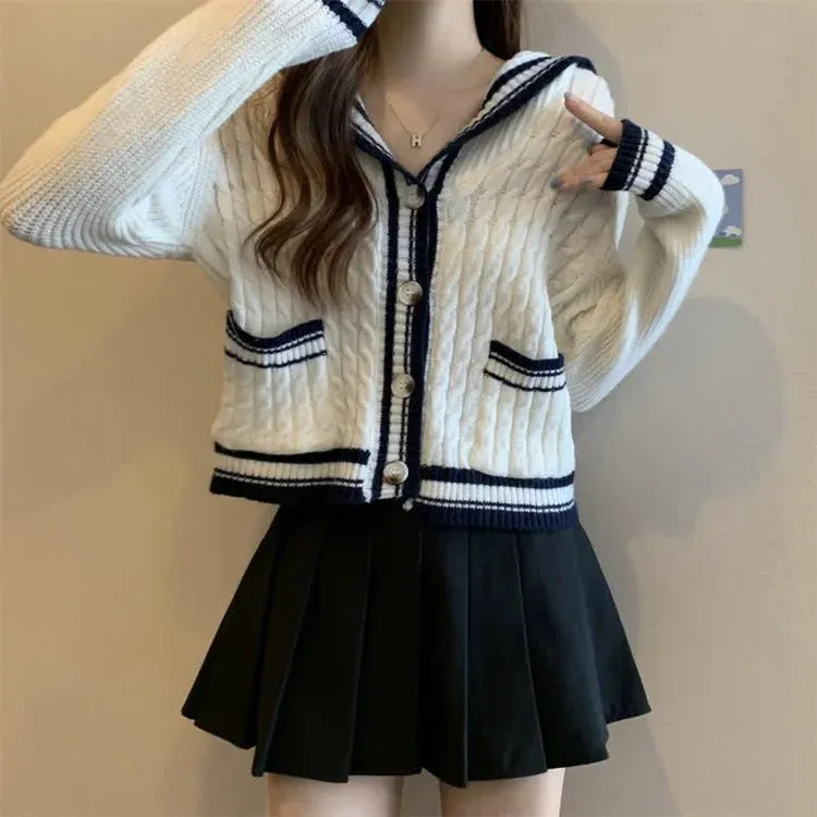 Sailor Collar Cardigan Sweater Casual Pants Pleated Skirt Two Piece Set