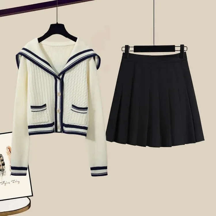 Sailor Collar Cardigan Sweater Casual Pants Pleated Skirt Two Piece Set