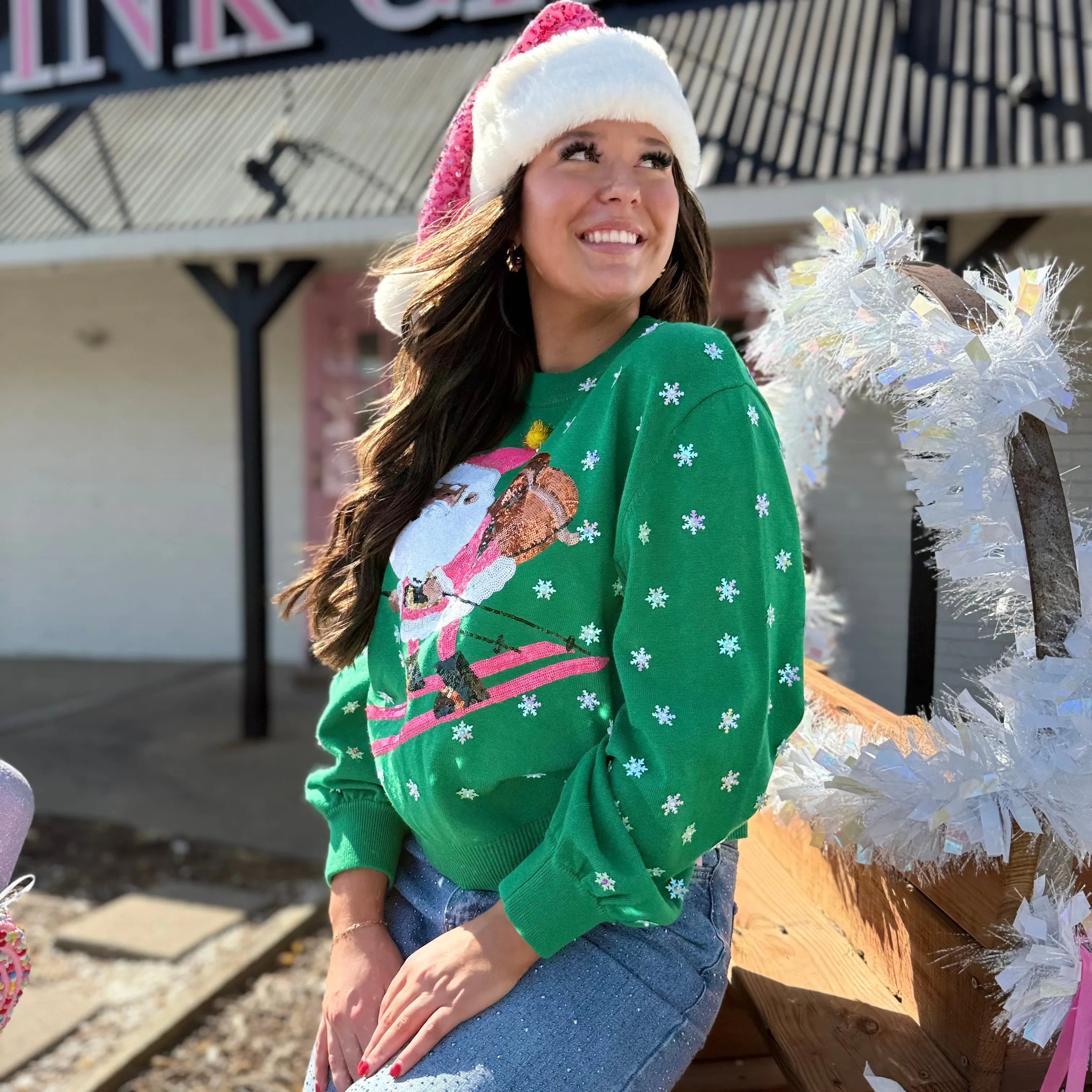 Santa Skiing Sweater - Green & Neon Pink [Queen of Sparkles]