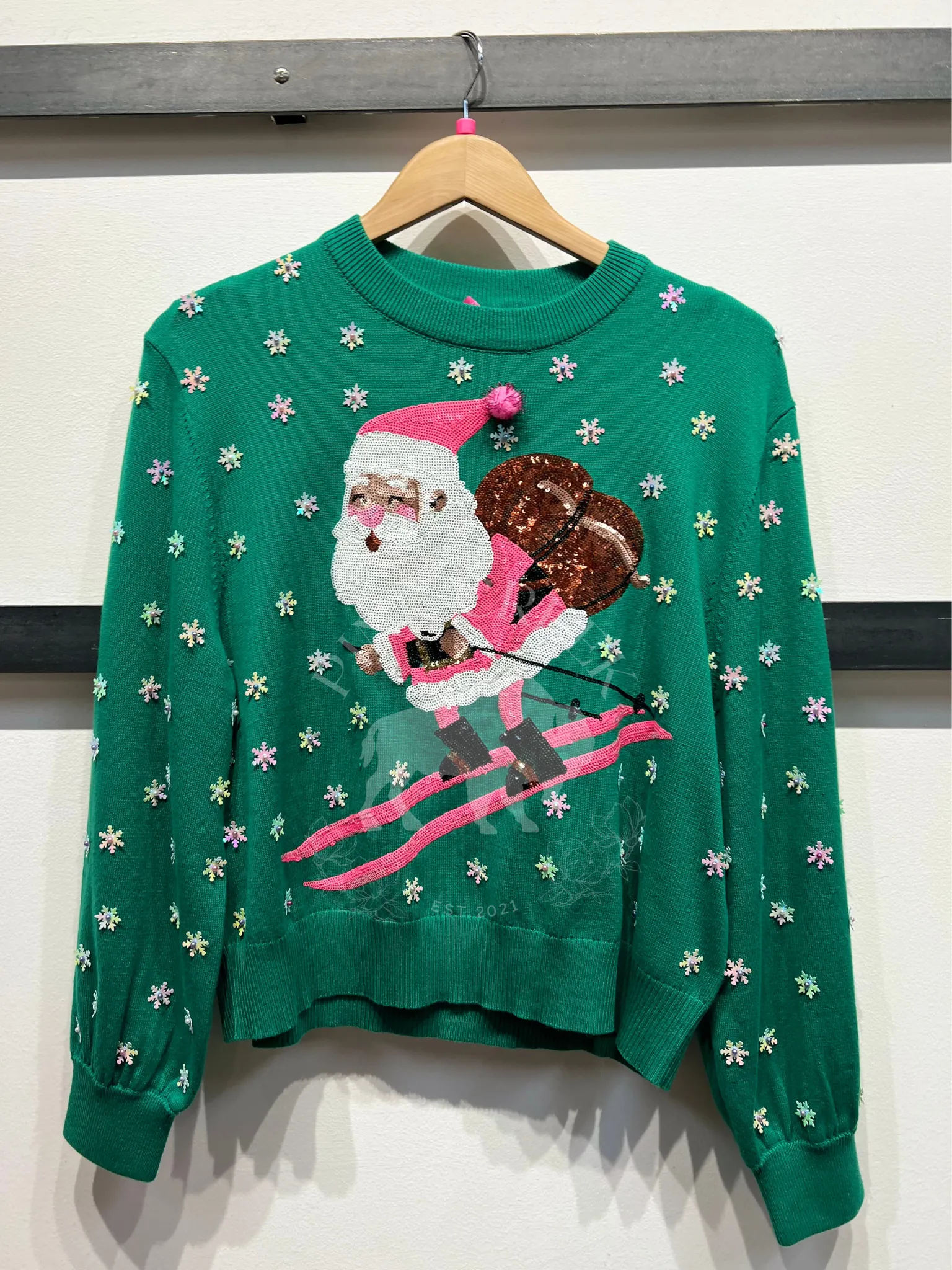 Santa Skiing Sweater - Green & Neon Pink [Queen of Sparkles]