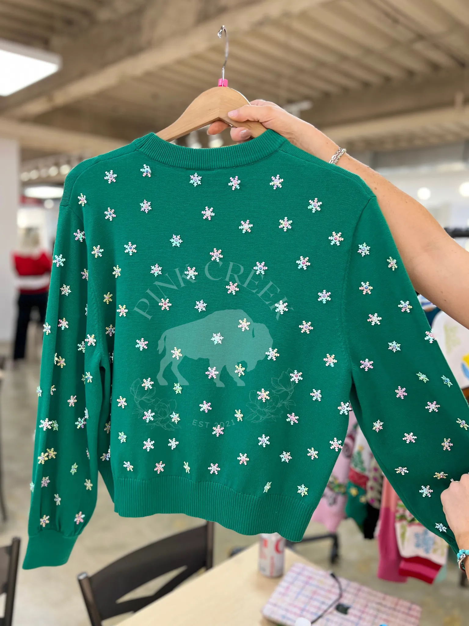 Santa Skiing Sweater - Green & Neon Pink [Queen of Sparkles]