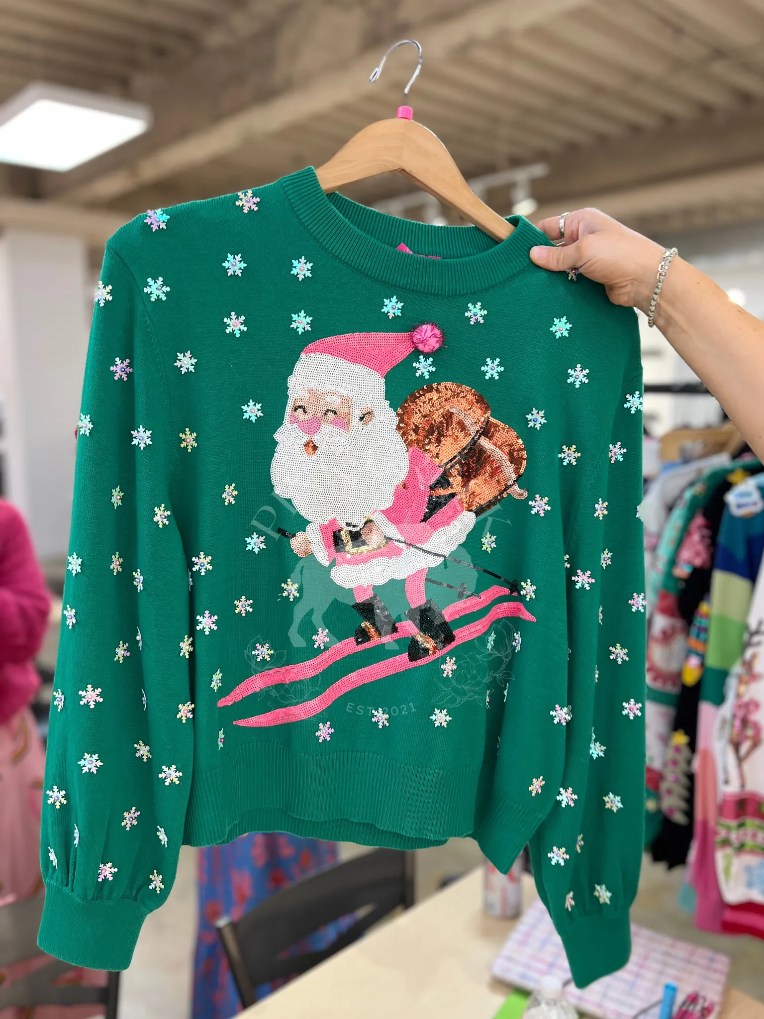 Santa Skiing Sweater - Green & Neon Pink [Queen of Sparkles]