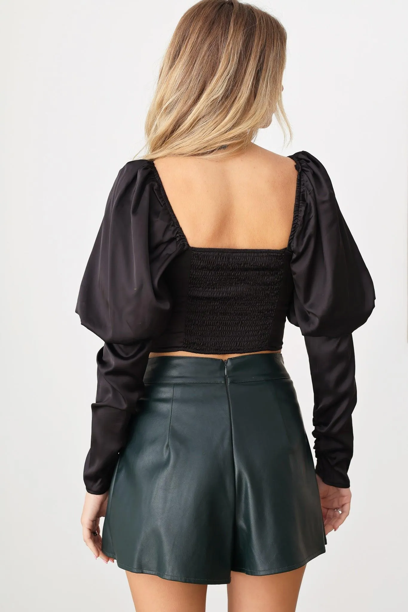 Satin Long Puff Sleeve Corset Crop Top