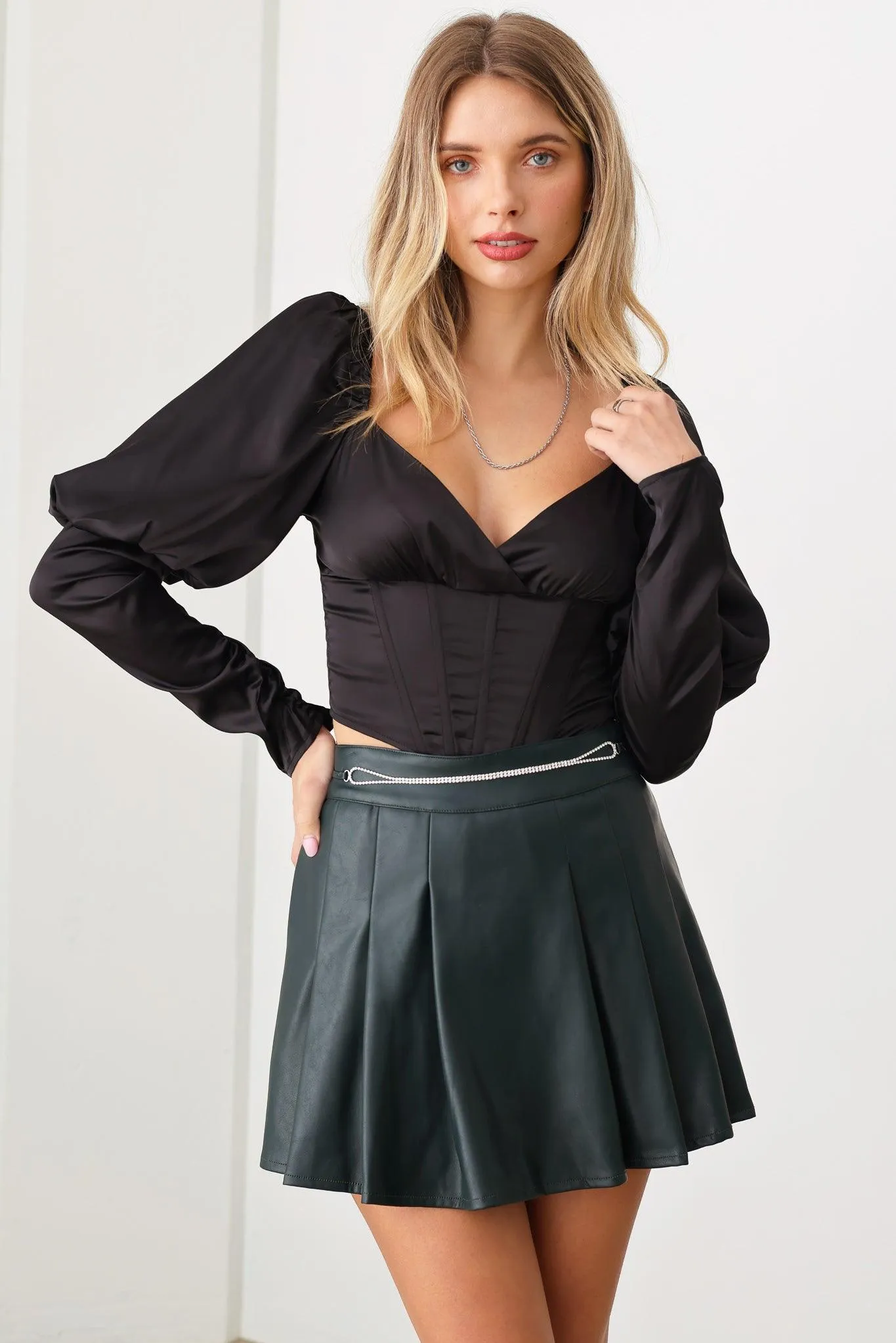 Satin Long Puff Sleeve Corset Crop Top