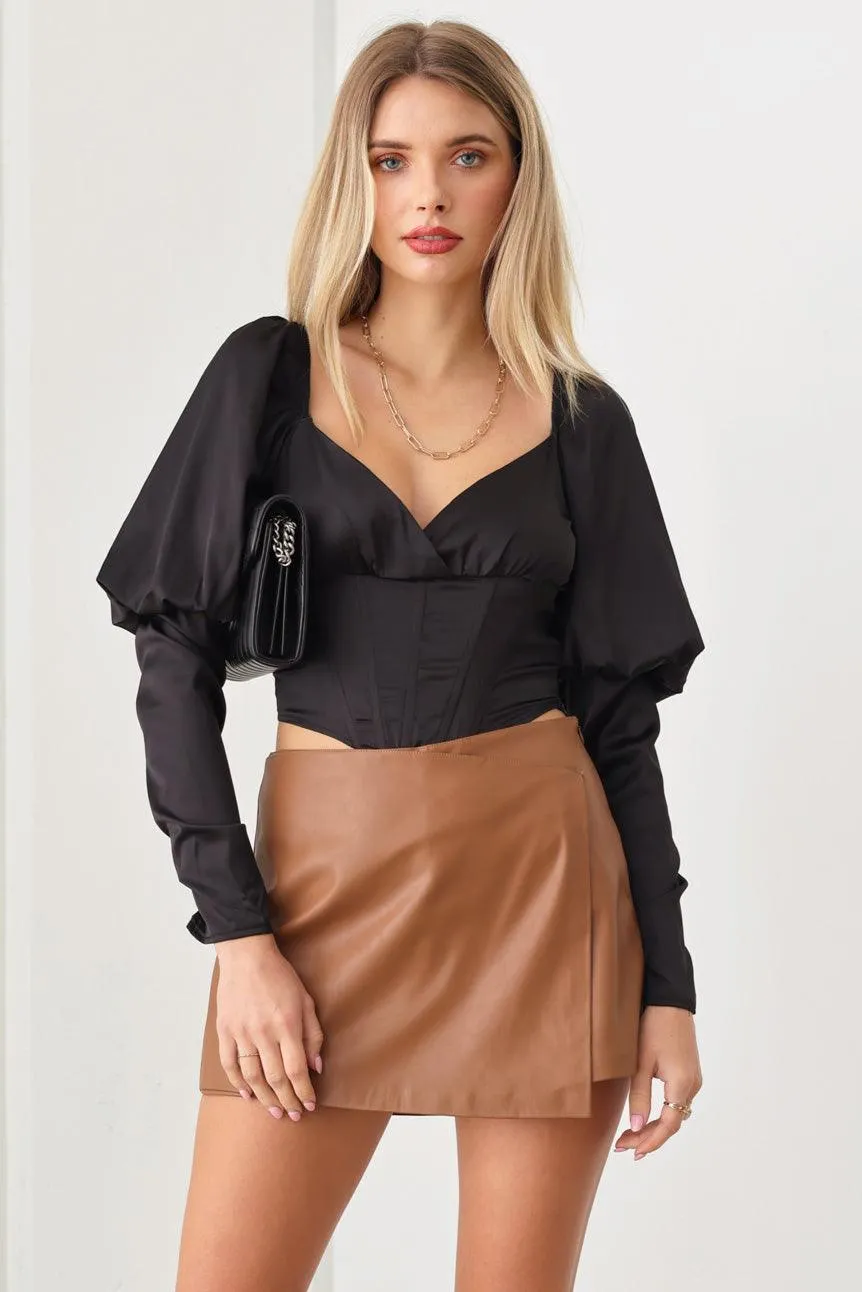 Satin Long Puff Sleeve Corset Crop Top