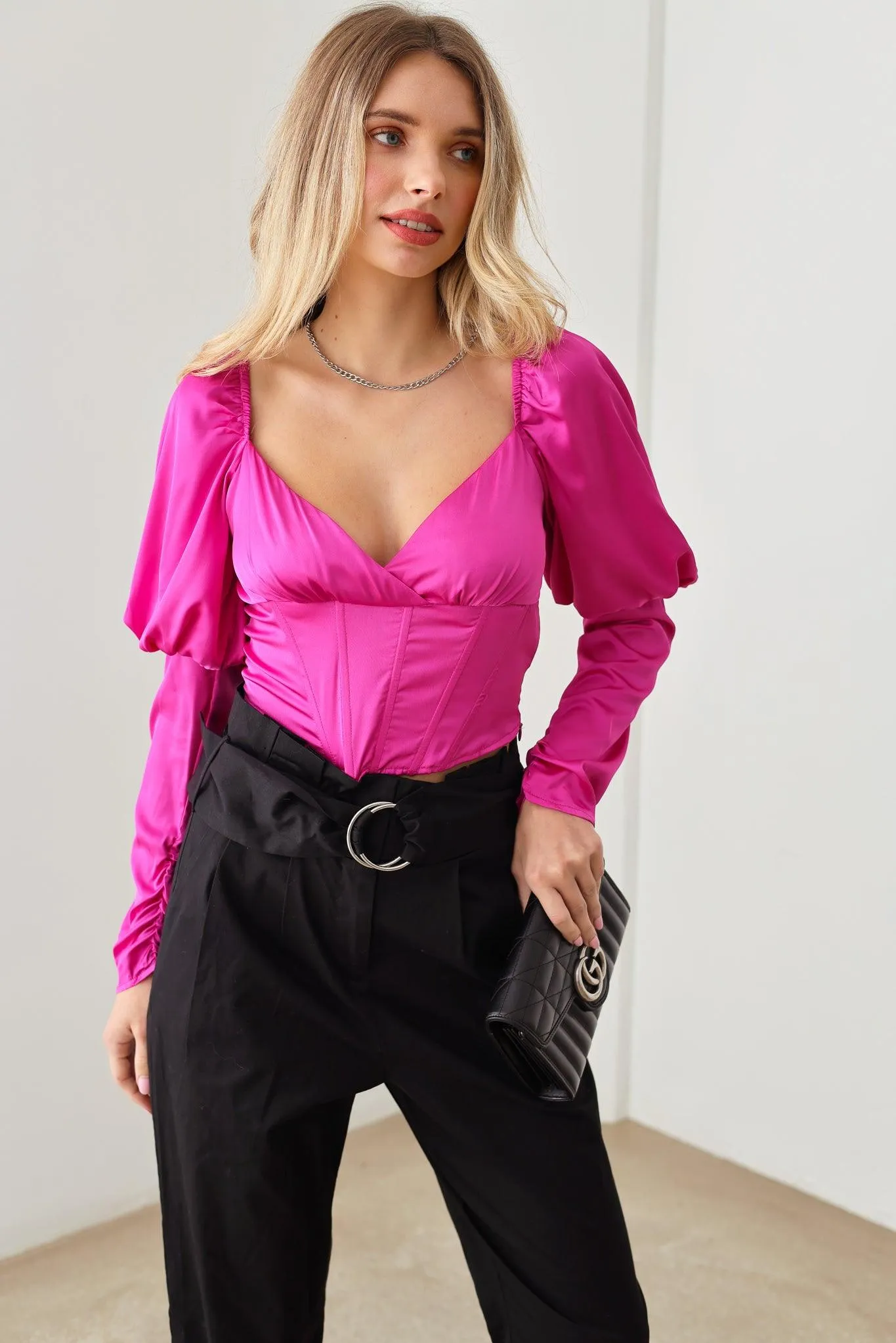 Satin Long Puff Sleeve Corset Crop Top