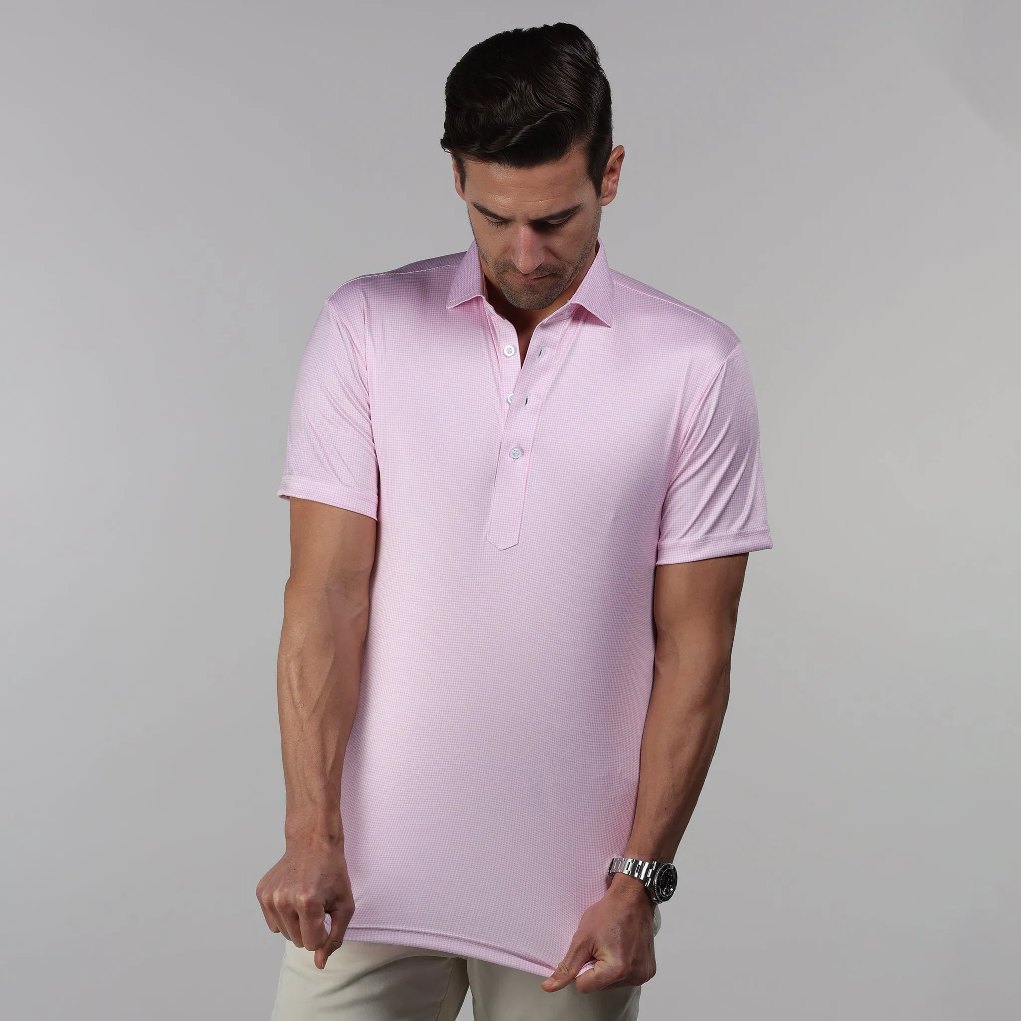 Semi-Spread Collar Polo Pink Houndstooth