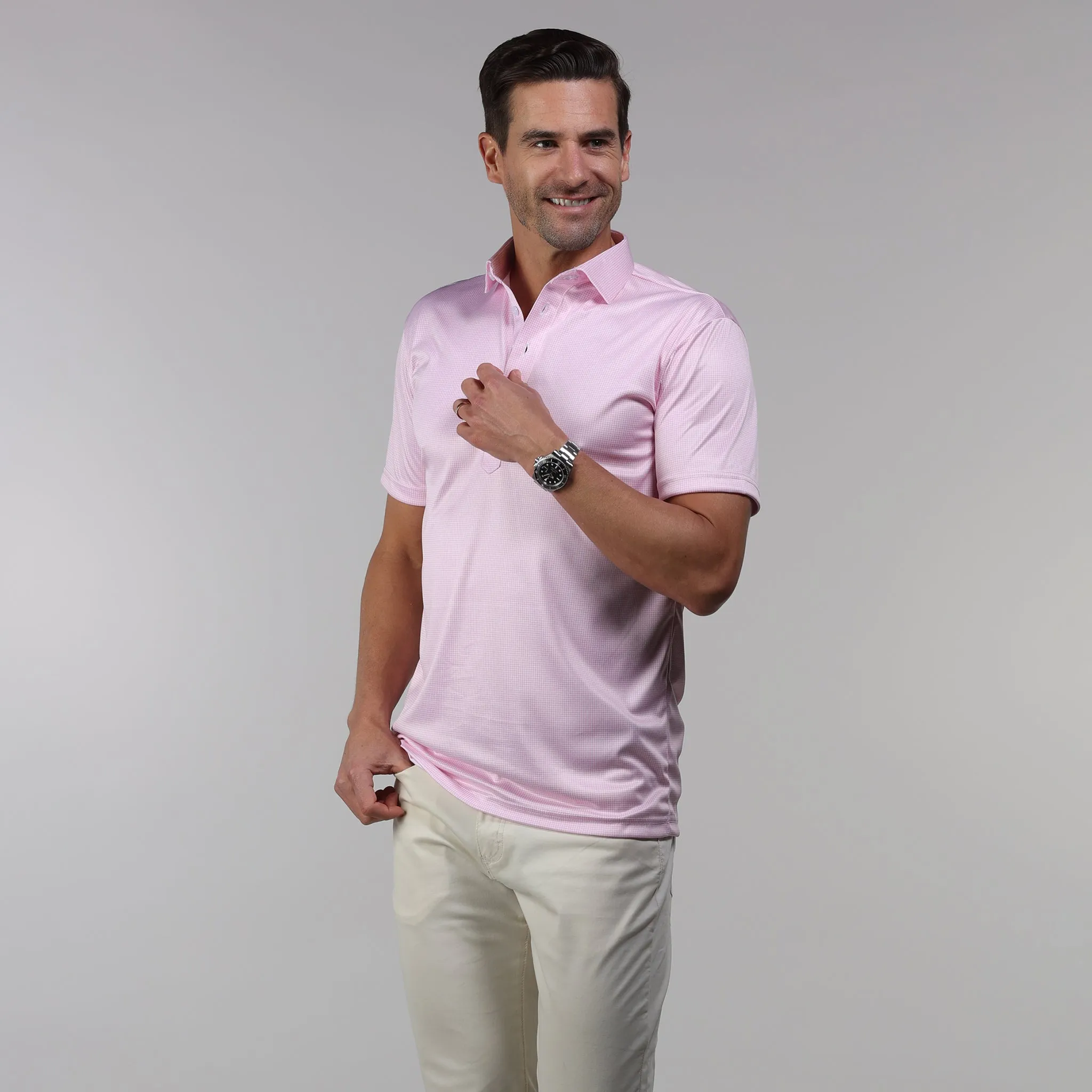 Semi-Spread Collar Polo Pink Houndstooth