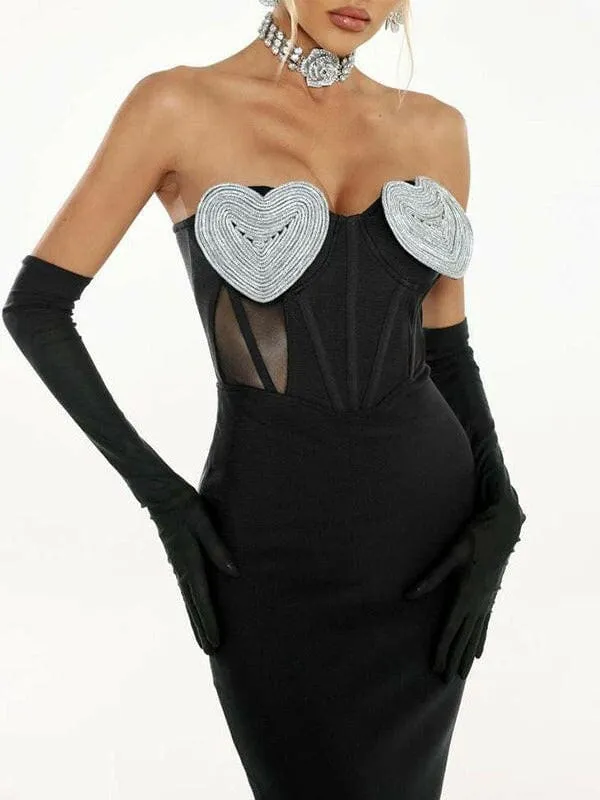 Sexy Heart Chest Diamond Dew Backpack Hip Skirt Evening Gown