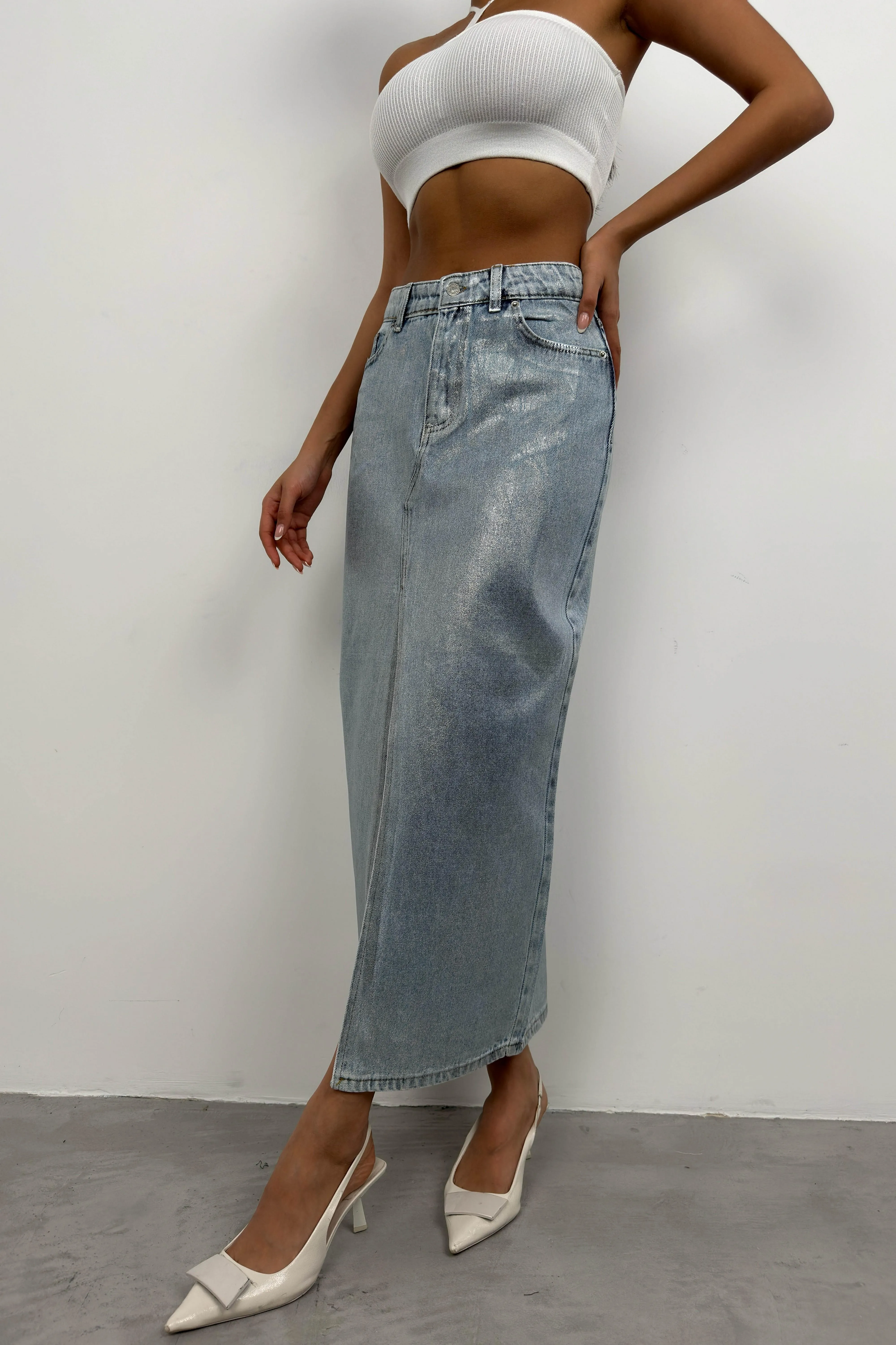 Shiny Maxi Denim Skirt With Slit