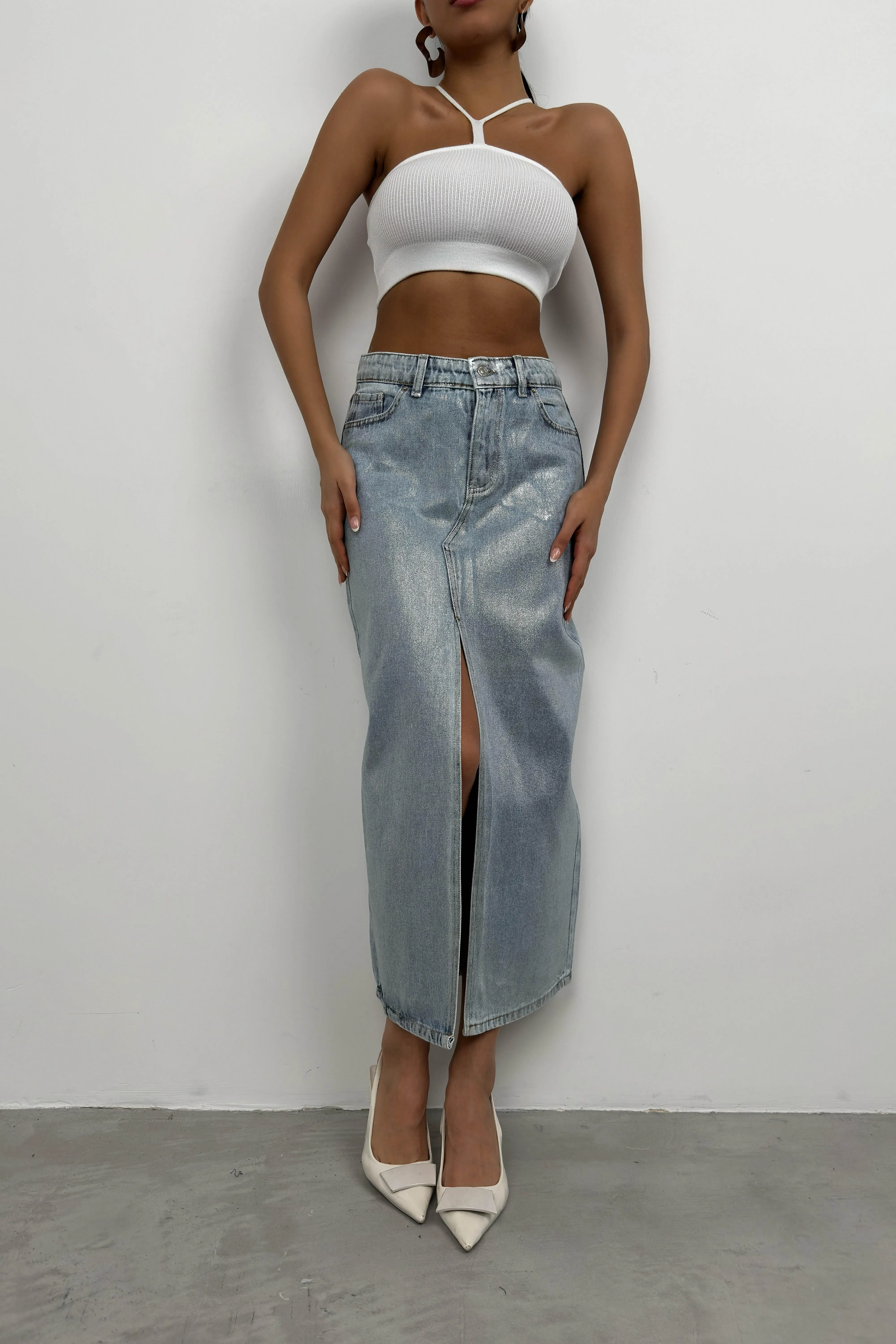 Shiny Maxi Denim Skirt With Slit