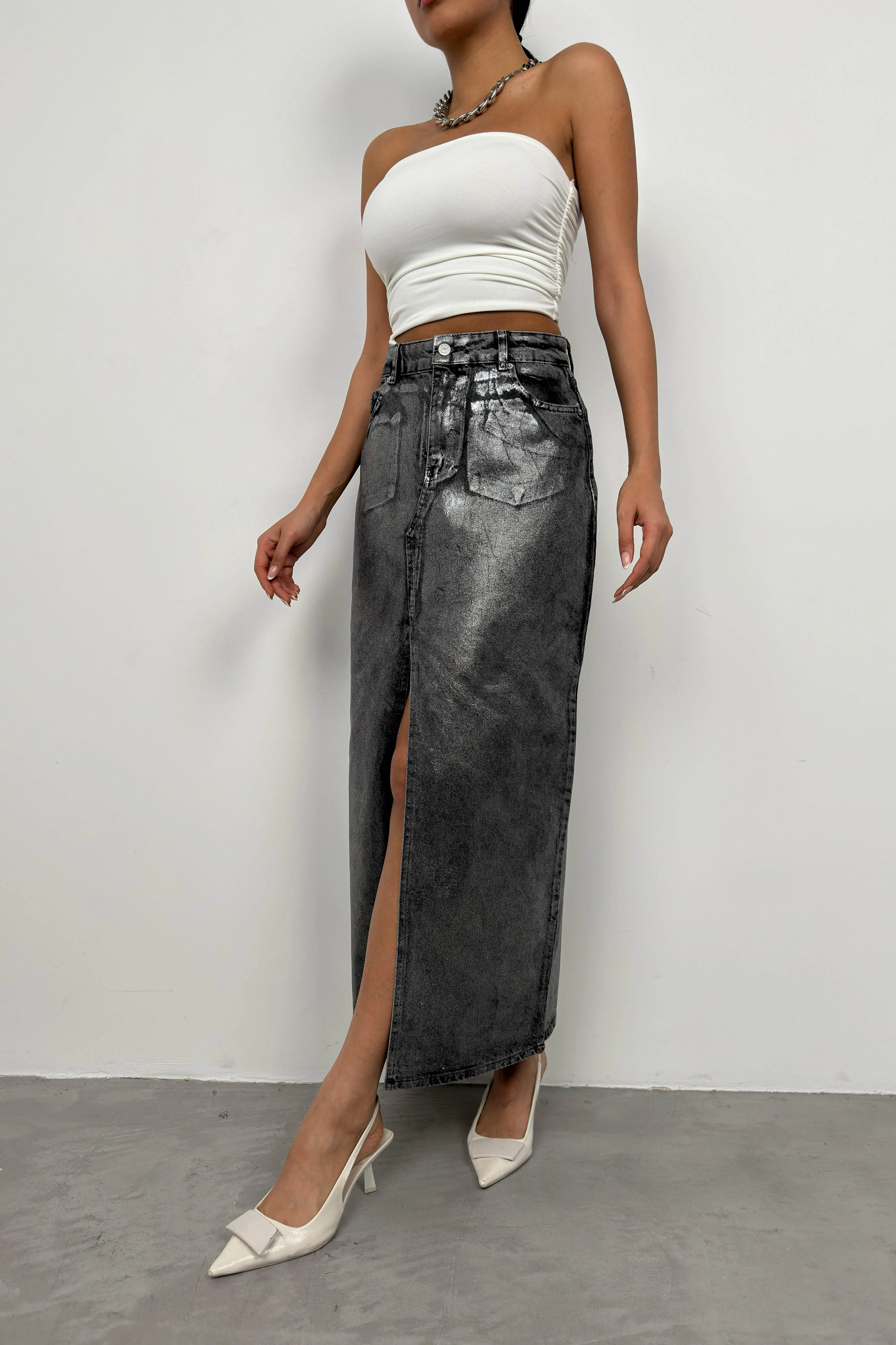 Shiny Maxi Denim Skirt With Slit