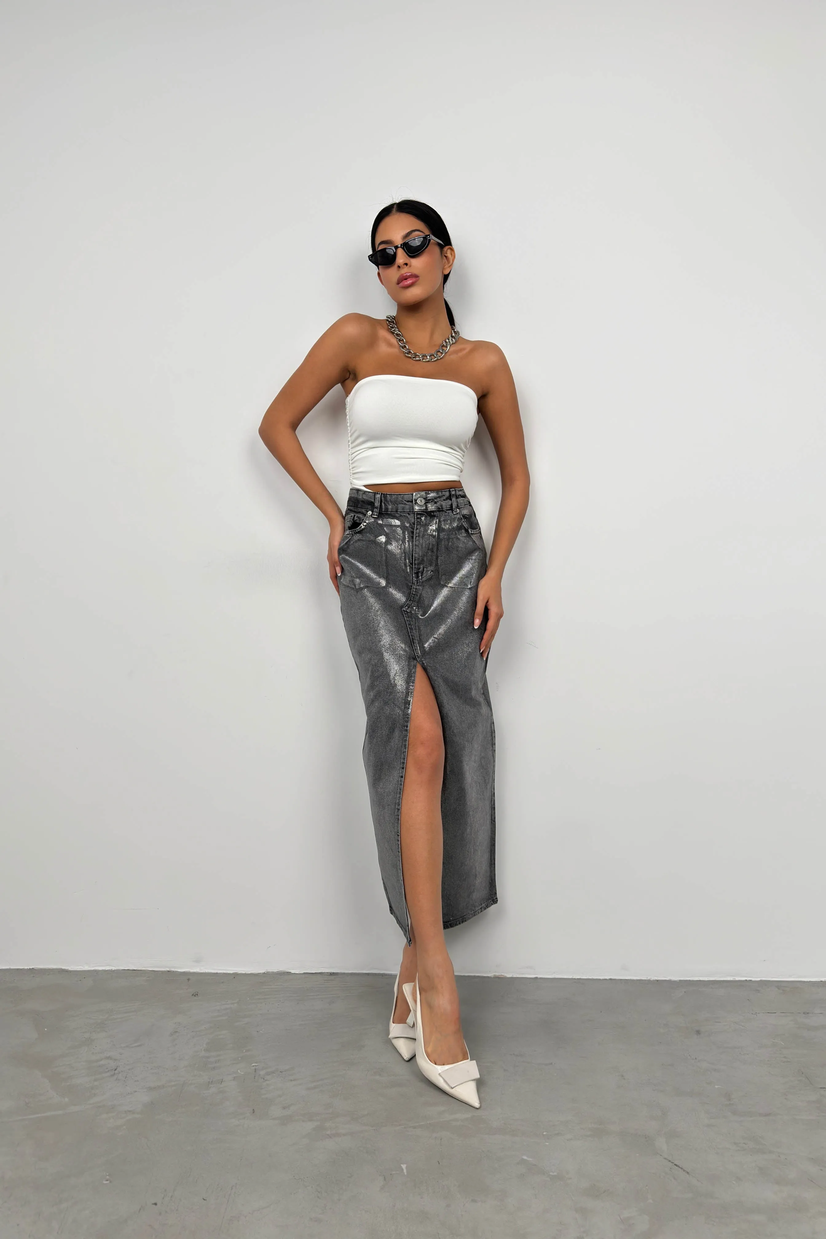 Shiny Maxi Denim Skirt With Slit