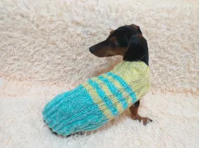 Size L Blue and yellow sweater knitted with aran for mini dachshund or small dog