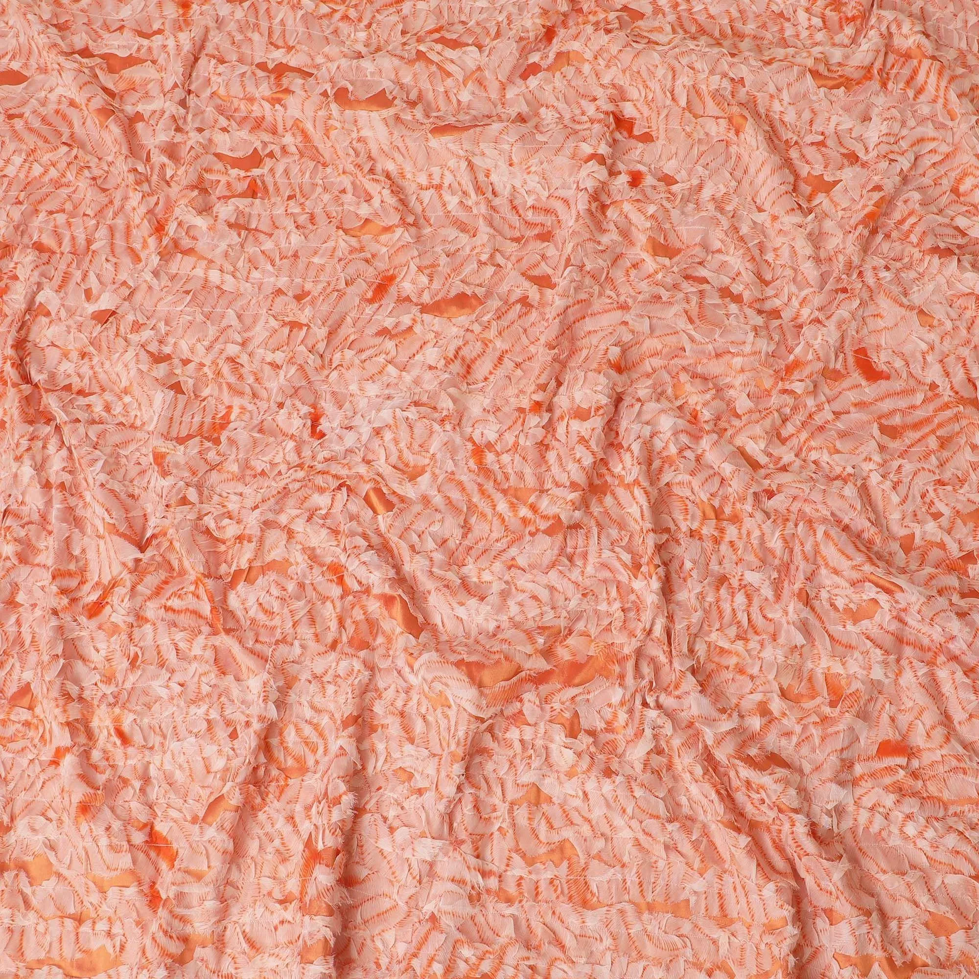 Squash orange synthetic chiffon fabric with off white and same tone patchwork in fancy design-D11669