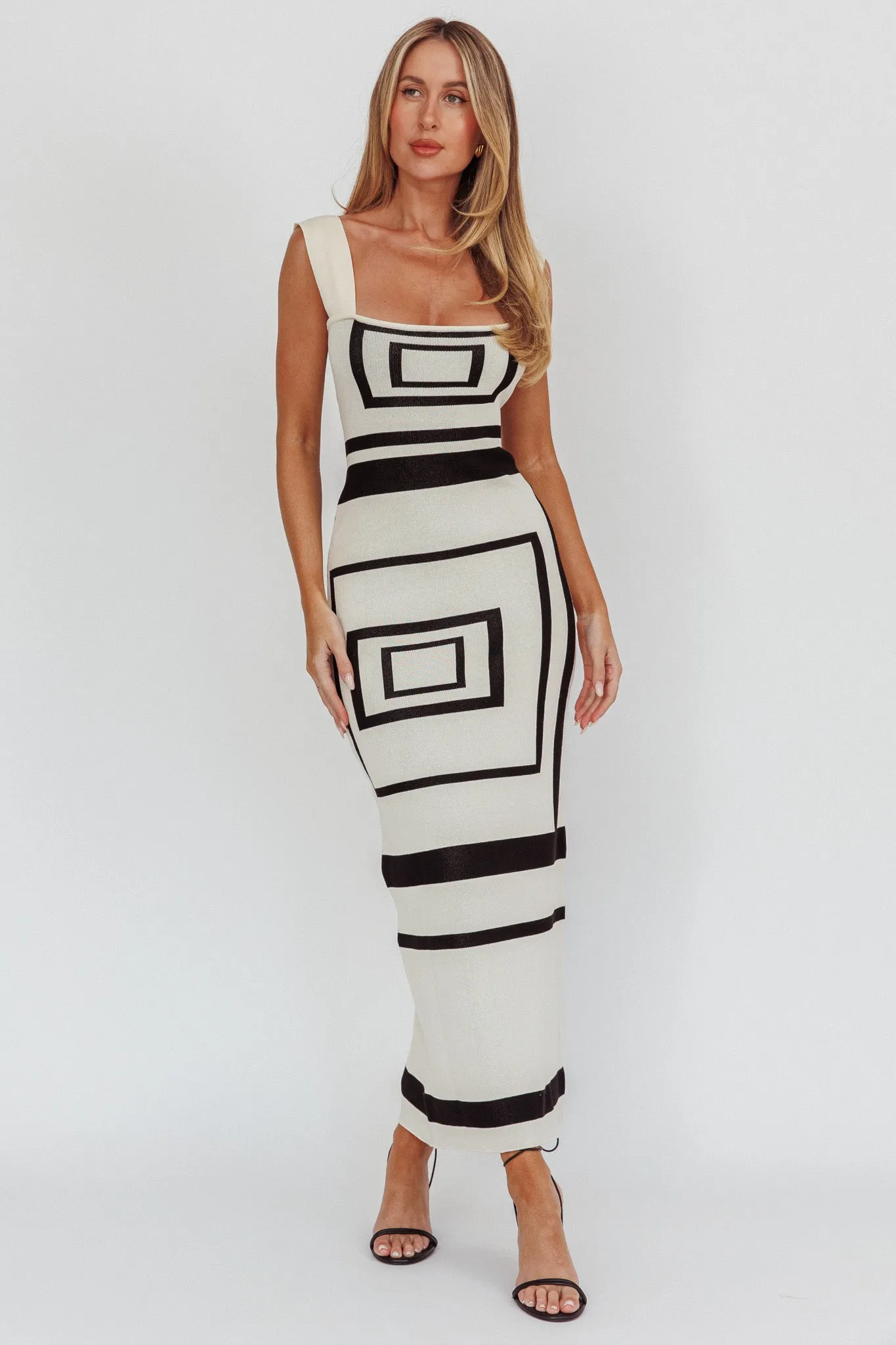 Stargazing Square Print Knit Maxi Dress Beige