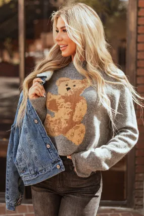 Steel Teddy Bear Graphic Semi Cropped Wool Sweater