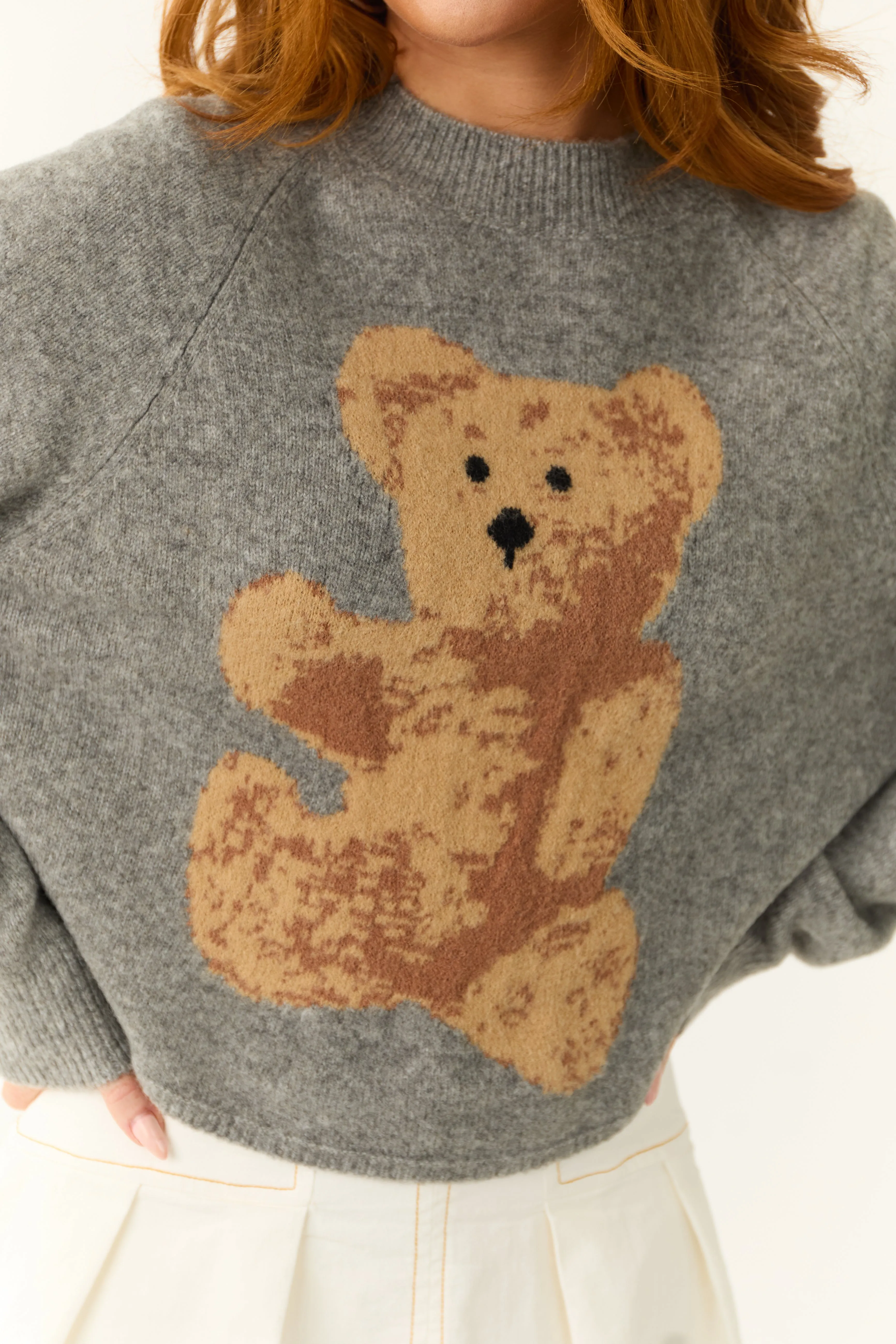 Steel Teddy Bear Graphic Semi Cropped Wool Sweater