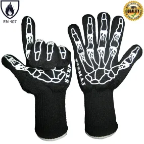 STEMAJ Heat Resistant Gloves 932F - BBQ Gloves - Grilling Gloves - Fire Resistant Gloves - Cut Resistant - for Cooking, BBQ, Oven, Fireplace - 5&quot; Cuff for Extra Forearm Protection (Skeleton)