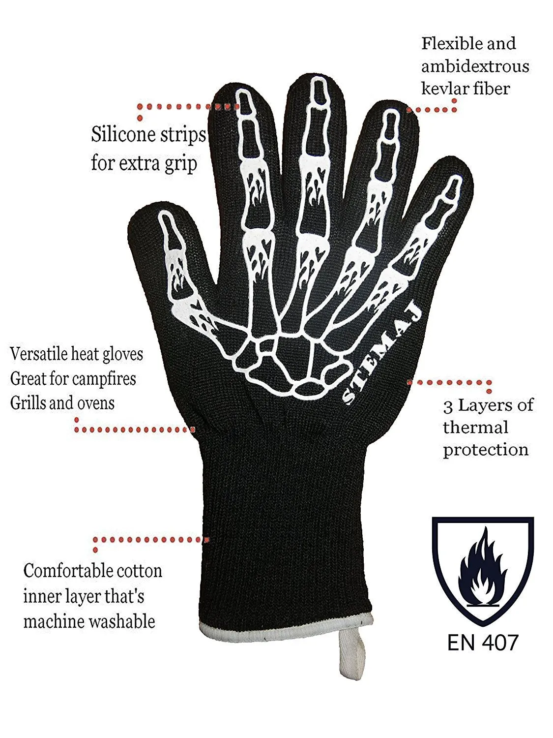 STEMAJ Heat Resistant Gloves 932F - BBQ Gloves - Grilling Gloves - Fire Resistant Gloves - Cut Resistant - for Cooking, BBQ, Oven, Fireplace - 5&quot; Cuff for Extra Forearm Protection (Skeleton)