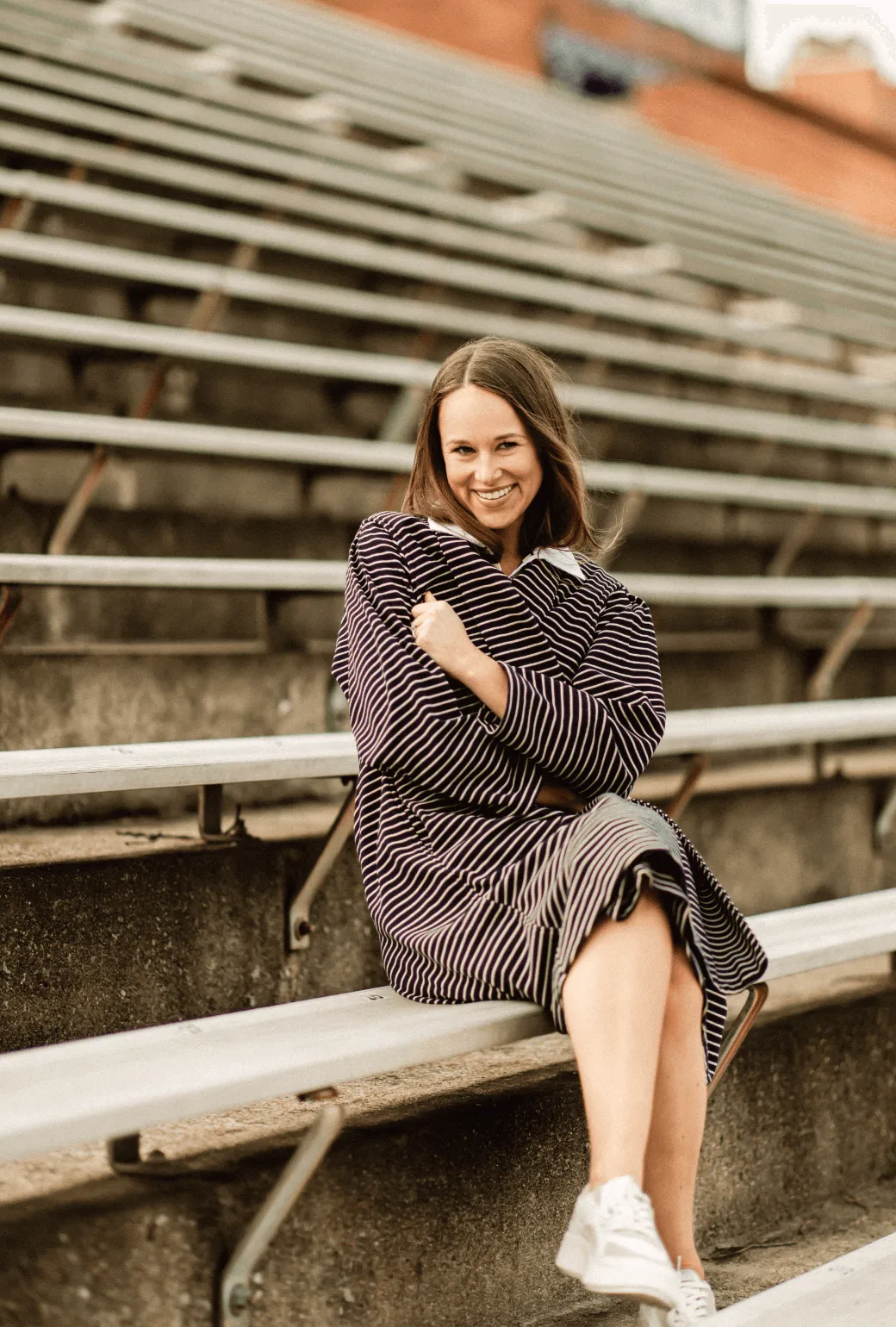 Swing Coat Knee Length - Navy Knit Stripe